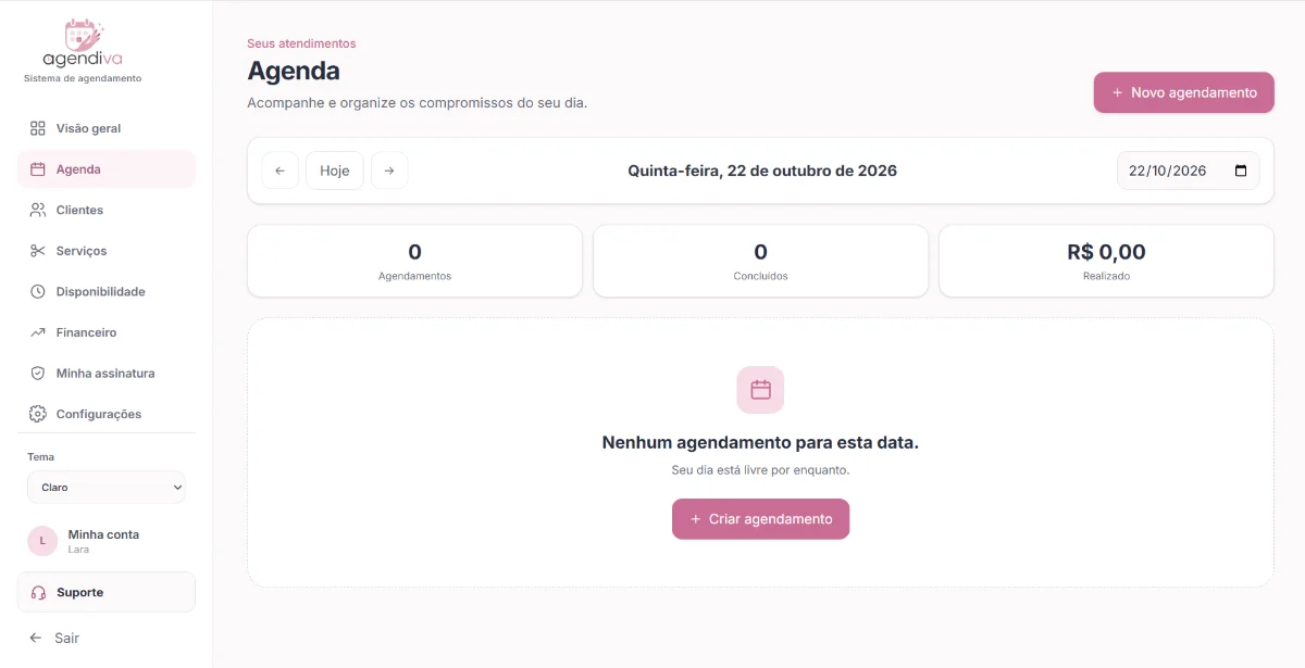 Tela de agenda do Agendiva: navegação entre os dias, data selecionada, contadores de agendamentos, concluídos e valor realizado, e o botão para criar um agendamento.