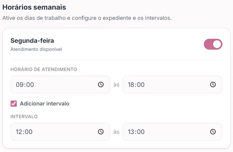 Tela de disponibilidade do Agendiva: segunda-feira ativada, com atendimento das 09:00 às 18:00 e intervalo das 12:00 às 13:00.